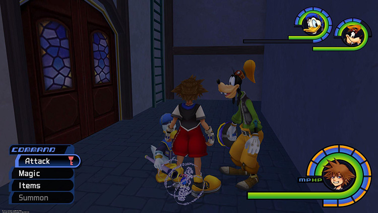 First, climb this ladder outside the Gizmo Shop / Kingdom Hearts 1.5