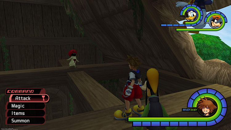 On the tree house banisters. Use the inner ladder to reach it / KH1FM