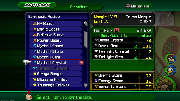 The ingredients here reflect a high-level Moogle, so they’re lower / KH2FM