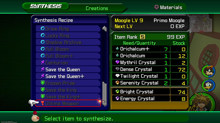 Mythril Crystal in the Ultima Weapon recipe / KH2FM
